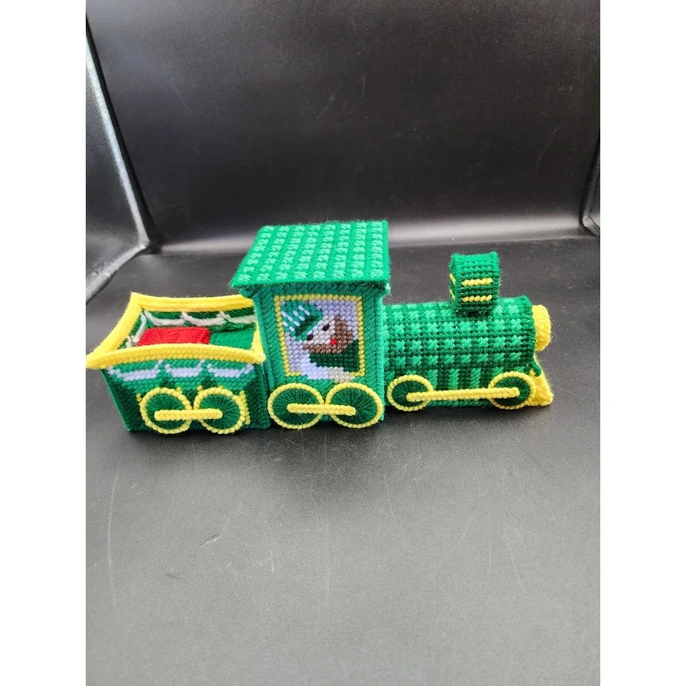Vtg Canvas Needlepoint Christmas Train Engine & Coal Car W/2 Gifts Holiday Decor